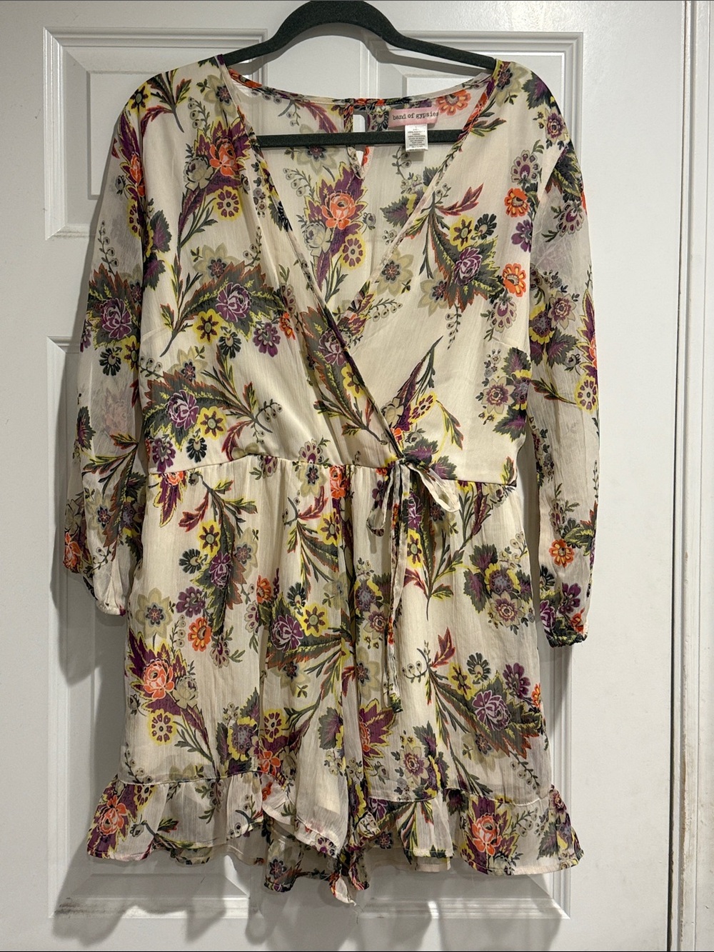 Floral Tie-Waist Romper - Cream Base with Purple & Orange Flowers